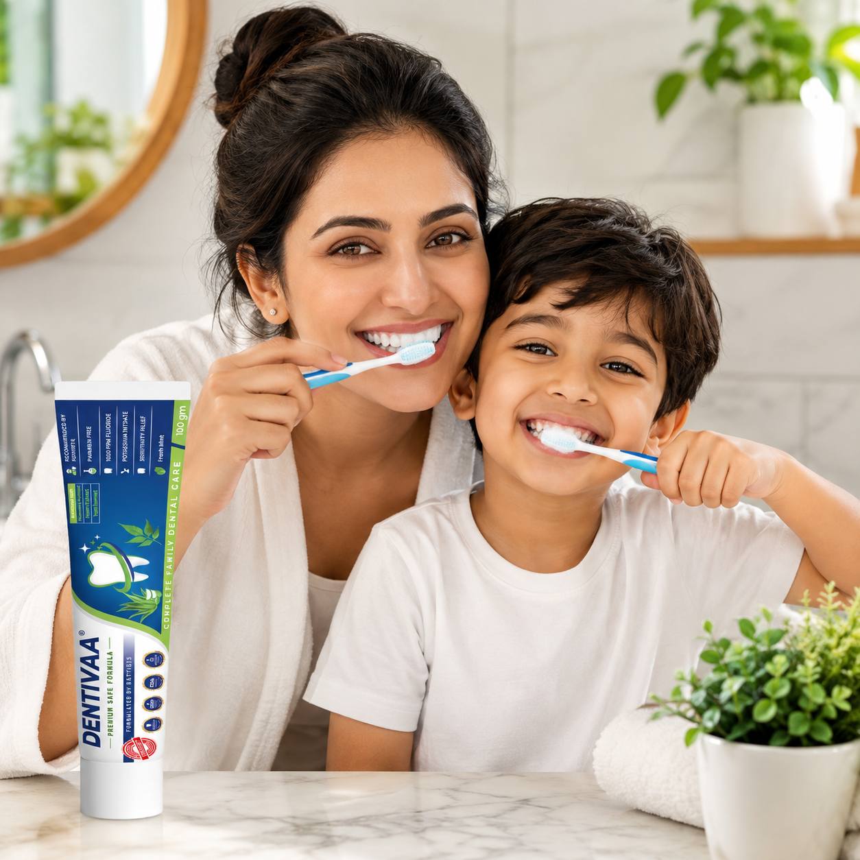 Indian mother and son smiling with visible teeth beside DENTIVAA Hybrid Toothpaste
