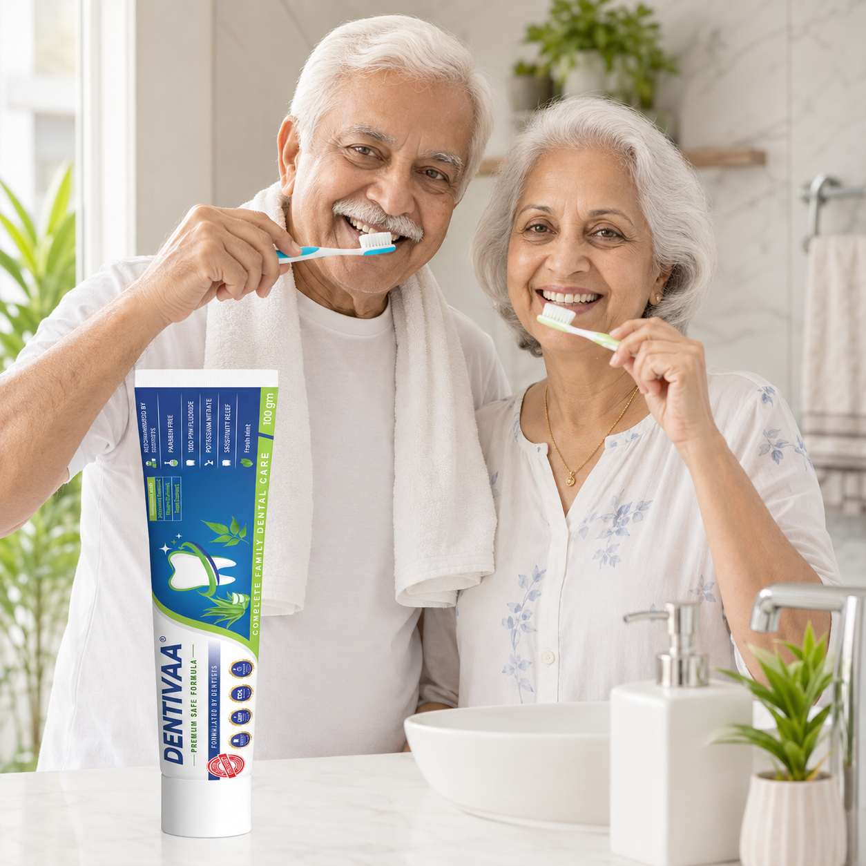 Indian senior couple smiling while brushing with DENTIVAA toothpaste